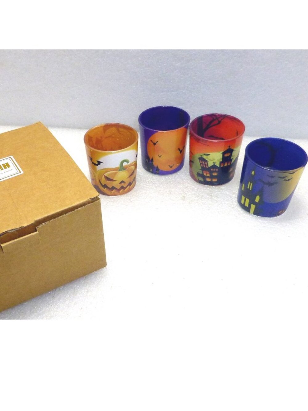 New set 4 halloween candle glass votive bat pumpkin jack o lantern haunted house